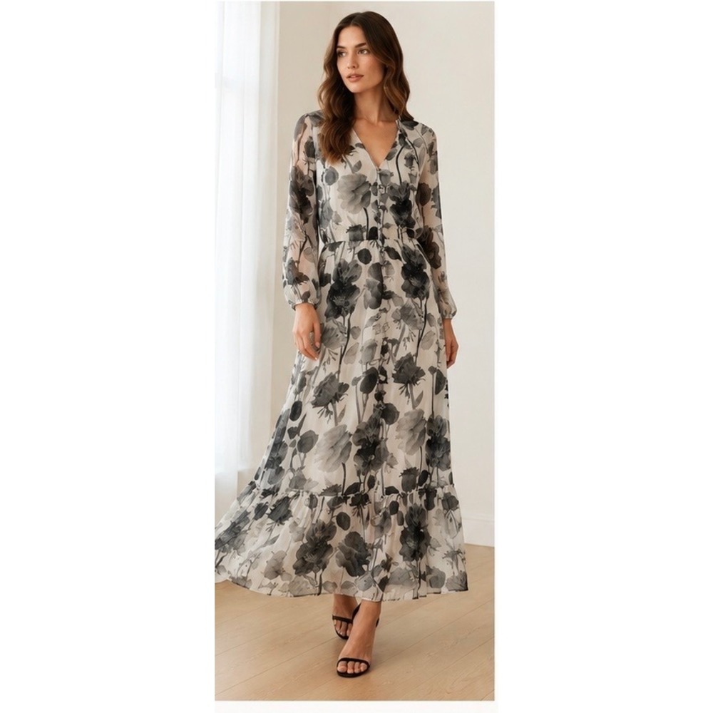 Karl Lagerfeld Paris Floral Maxi Dress Black White V-Neck Long Sleeve Chiffon